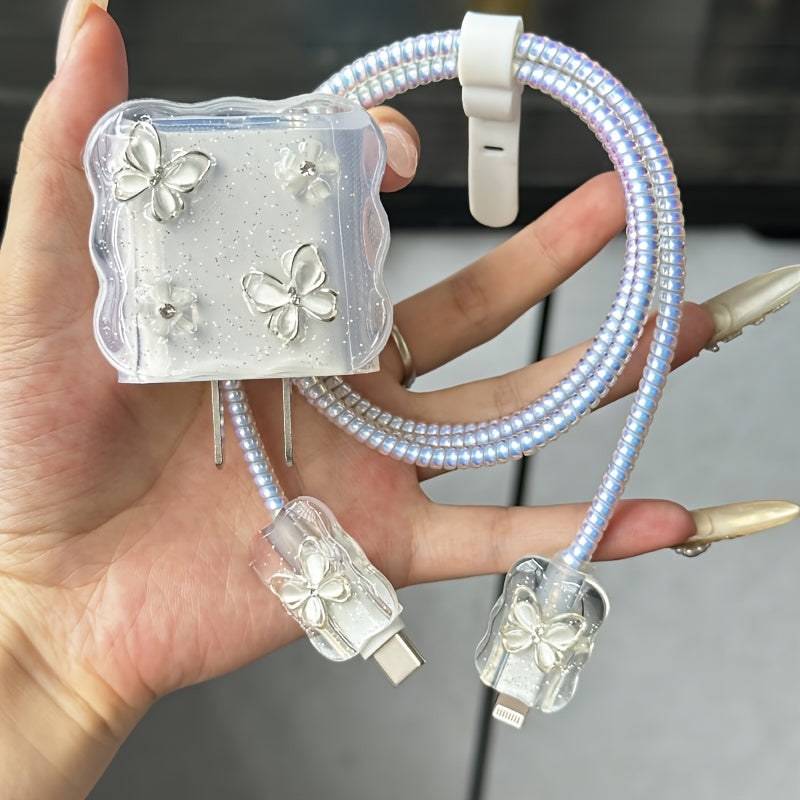 5-Piece Set 3D Cartoon Crystal Butterfly Design Charger Protector Cover Suitable for Apple 18W/20W Adapter, TPU Cable Protector Sleeve with Phone Cable Spiral Protection Accessories